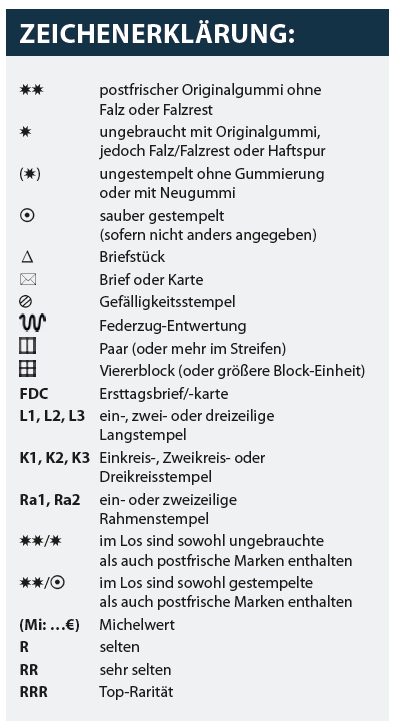 Briefmarken Auktionen Zeichenerklärung